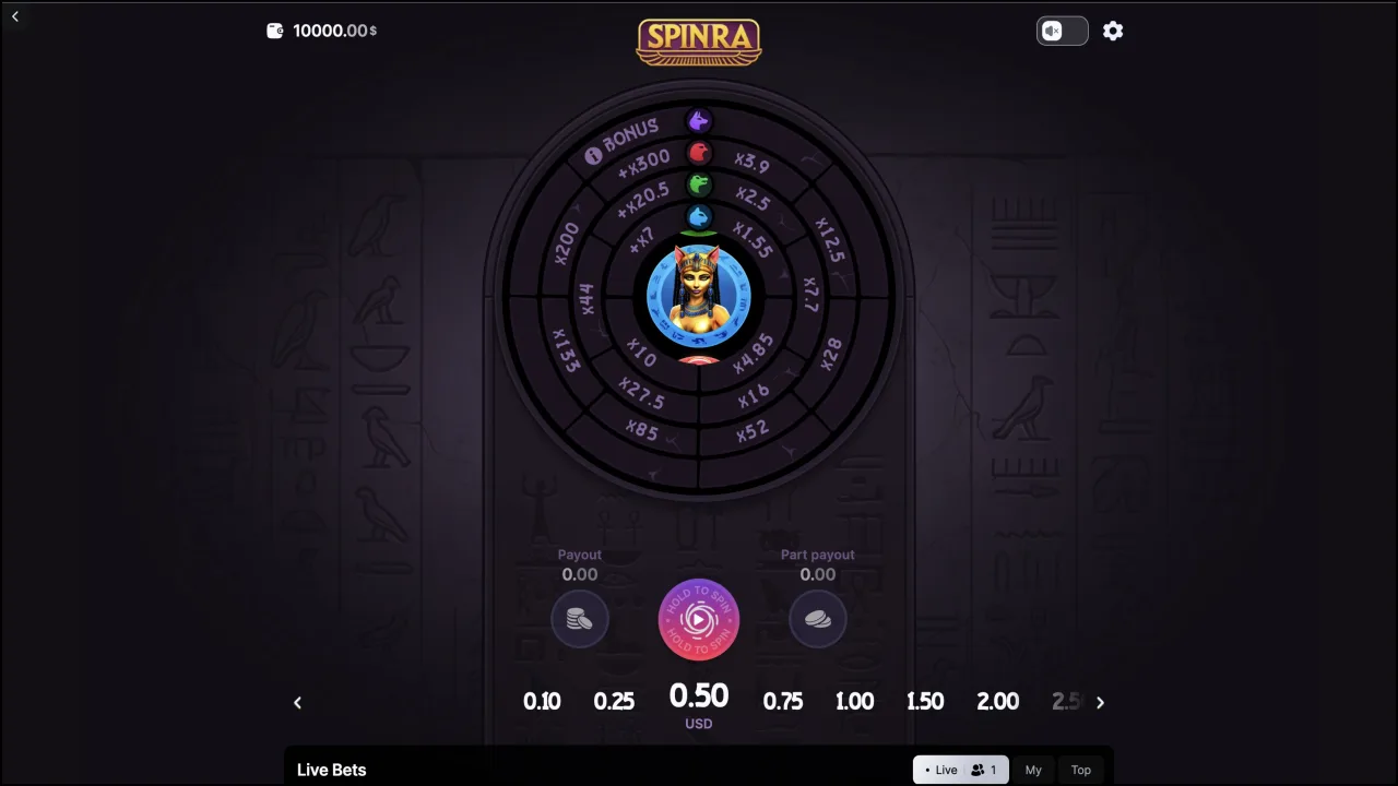 SpinRa slot gameplay — Egyptian gods risk wheel with progress rings